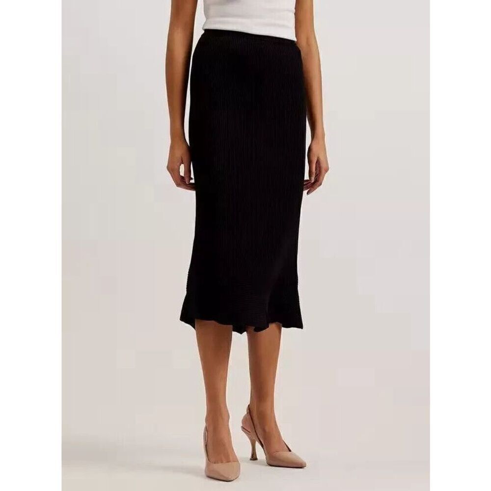 NEW Ted Baker Velenaa Curved-Hem  Stretch Knit Midi Skirt - Black  5 US 12